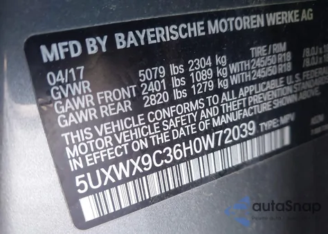 2017 BMW X3 xDrive28I из США, поврежденный, VIN 5UXWX9C36H0W72039